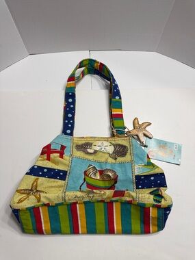 Turquoise Stripe Beach Tote with Starfish Accent